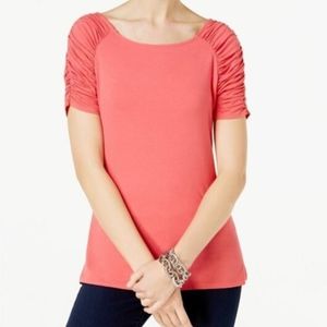 INC Pink Short Sleeve Tee Cinched Sleeves Pink 130